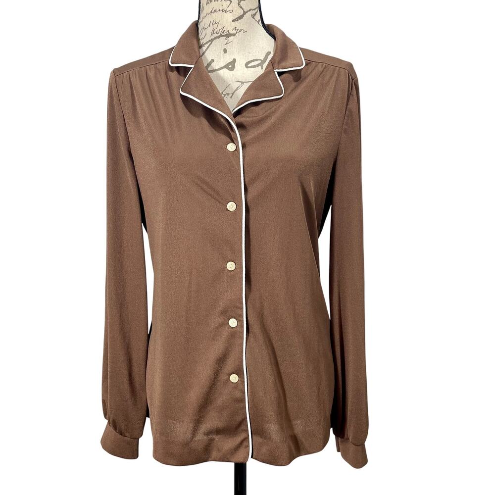 Vintage 70s Retro Act III Brown Satin Polyester Button Long Sleeve Blouse Sz 16